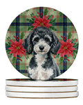 Miniature Parti Poodle Christmas PoinsettIas Large Sandstone Coasters Pack of 4 Absorbent Round Coasters Decor Gifts for Men or Women, 4 in, Multicolor