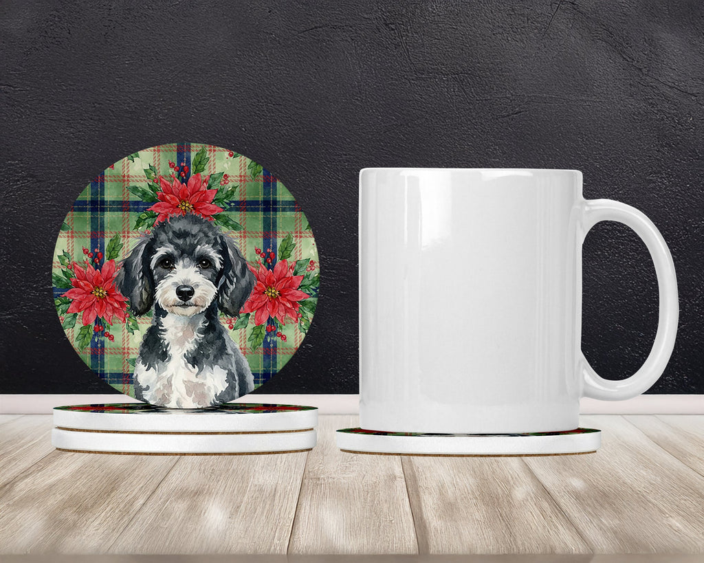 Miniature Parti Poodle Christmas PoinsettIas Large Sandstone Coasters Pack of 4 Absorbent Round Coasters Decor Gifts for Men or Women, 4 in, Multicolor