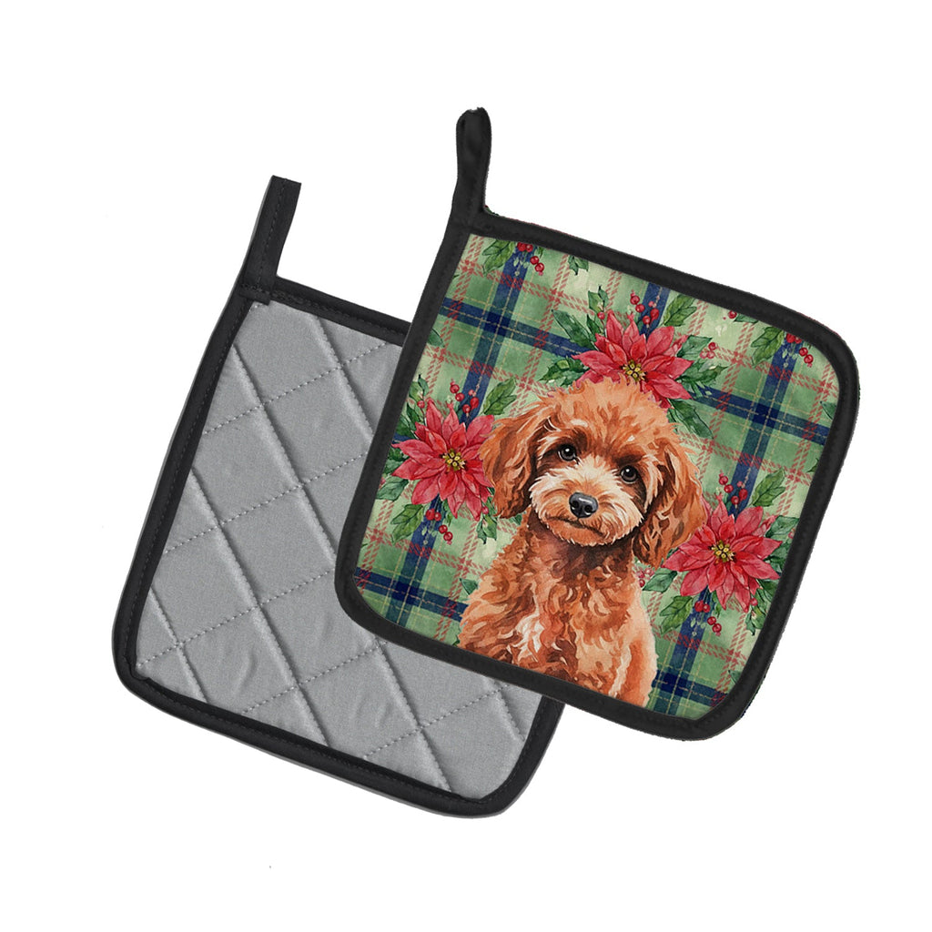 Miniature Red Poodle Christmas PoinsettIas Pot Holder Set of 2 Heat Resistant Quilted Hot Pads 7.5 x 7.5 Inch, Insulated Kitchen Trivets for Cooking & Baking