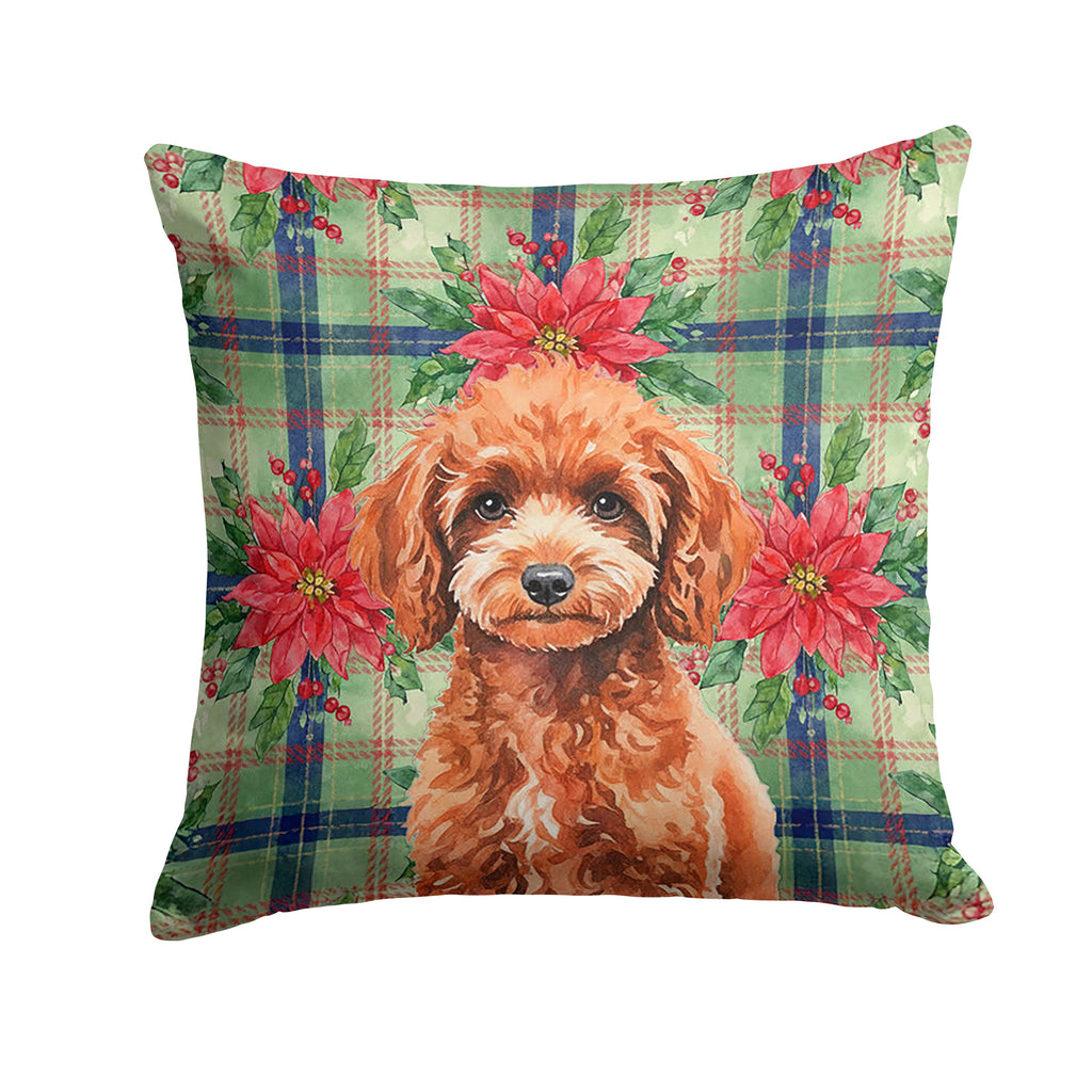 Miniature Red Poodle Christmas PoinsettIas Decorative Throw Pillow 14x14 Indoor Outdoor Accent Cushion, Fabric Cover with Insert for Sofa, Bed, Porch & Living Room