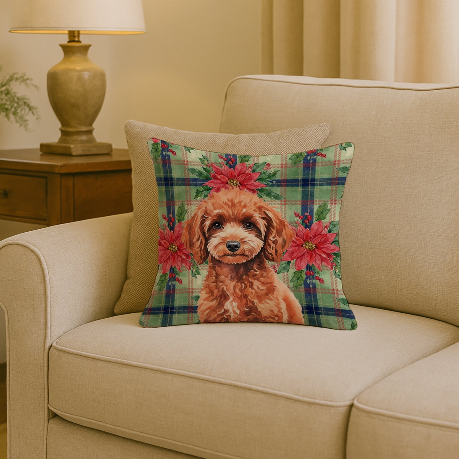 Miniature Red Poodle Christmas PoinsettIas Decorative Throw Pillow 18x18 Indoor Outdoor Accent Cushion, Fabric Cover with Insert for Sofa, Bed, Porch & Living Room