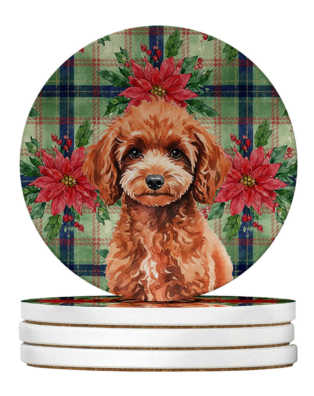 Miniature Red Poodle Christmas PoinsettIas Large Sandstone Coasters Pack of 4 Absorbent Round Coasters Decor Gifts for Men or Women, 4 in, Multicolor