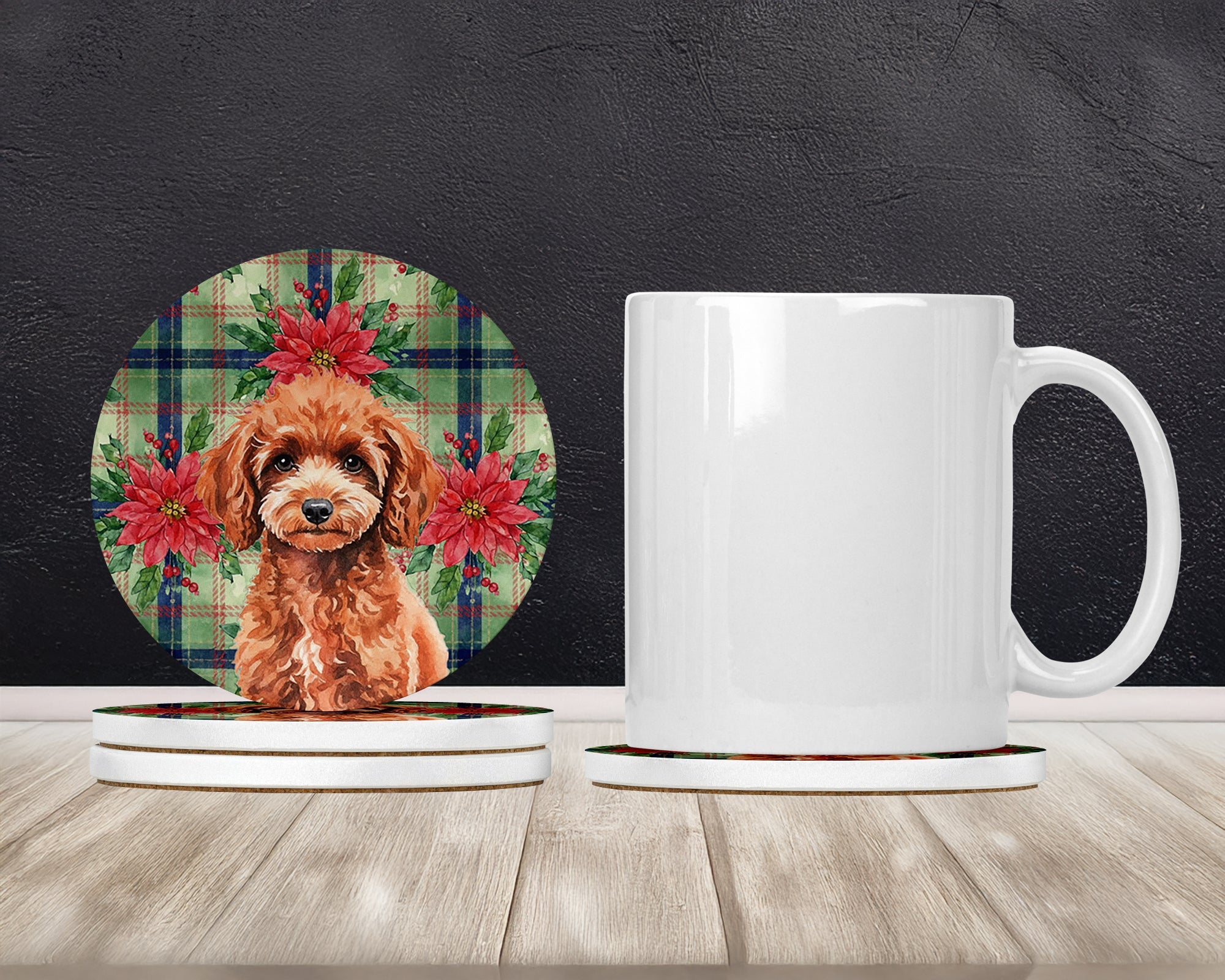 Miniature Red Poodle Christmas PoinsettIas Large Sandstone Coasters Pack of 4 Absorbent Round Coasters Decor Gifts for Men or Women, 4 in, Multicolor