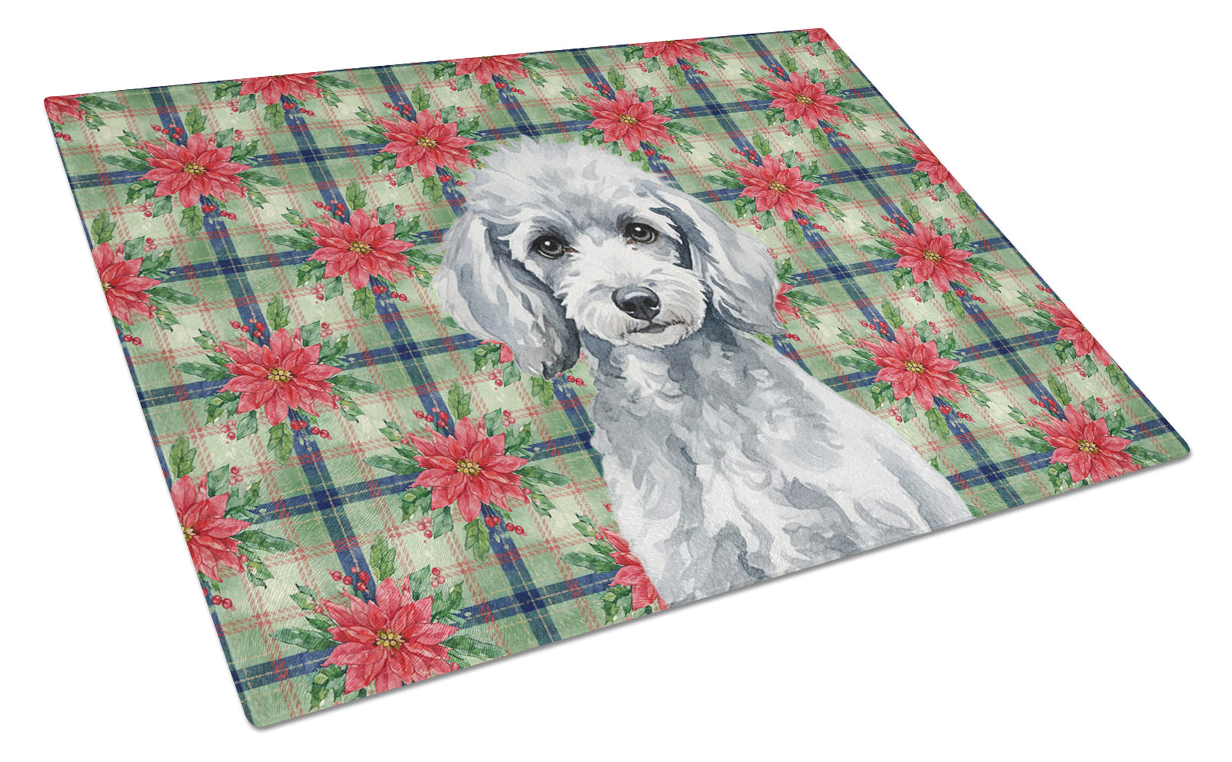 Miniature Silver Poodle Christmas PoinsettIas Cutting Board Tempered Glass Kitchen Cutting Surface, Heat Resistant Chopping, Non-Slip Feet, Food Prep & Serving