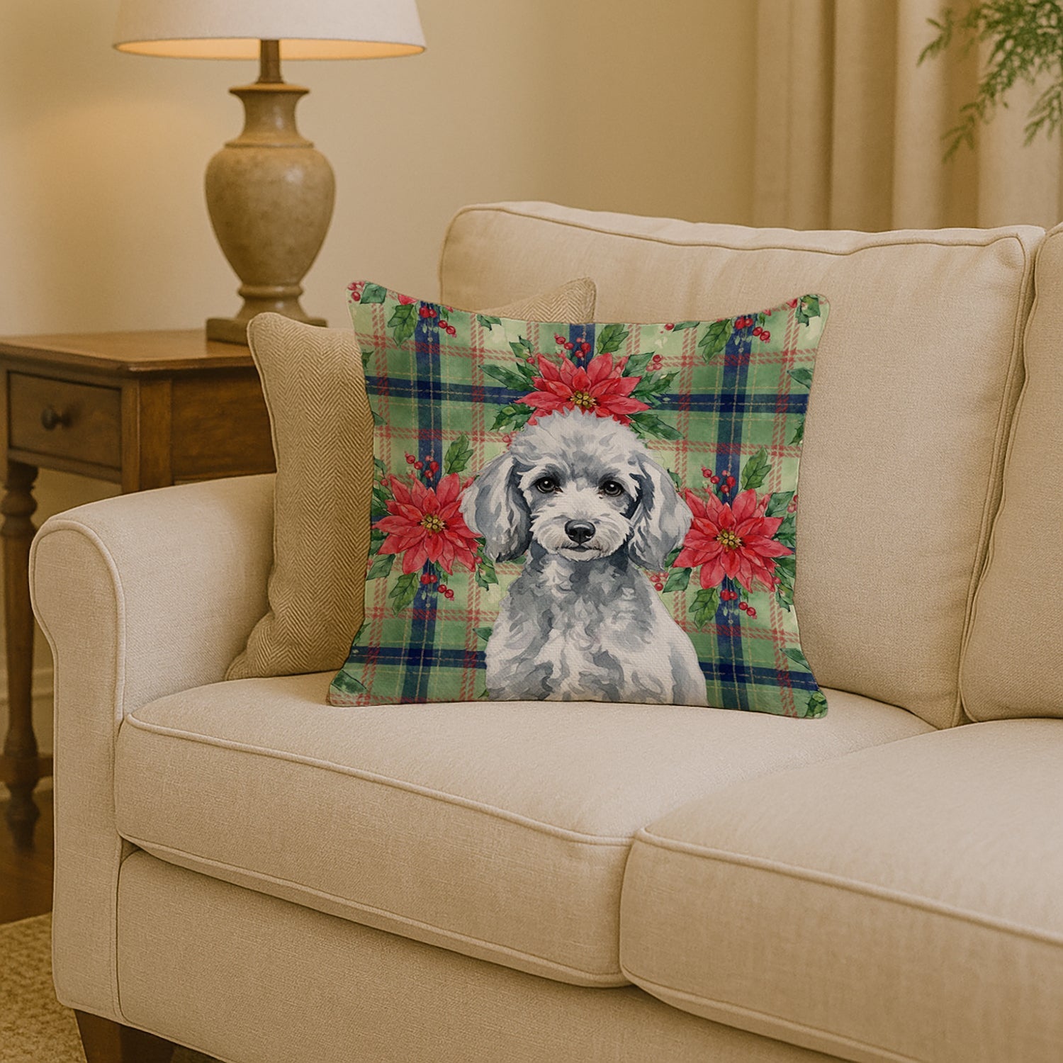 Miniature Silver Poodle Christmas PoinsettIas Decorative Throw Pillow 14x14 Indoor Outdoor Accent Cushion, Fabric Cover with Insert for Sofa, Bed, Porch & Living Room