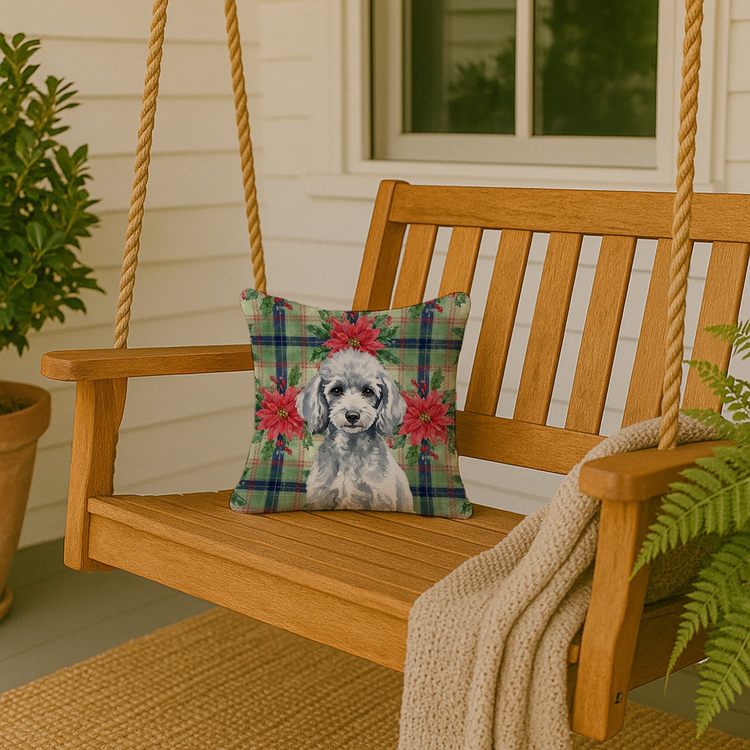Miniature Silver Poodle Christmas PoinsettIas Decorative Throw Pillow 14x14 Indoor Outdoor Accent Cushion, Fabric Cover with Insert for Sofa, Bed, Porch & Living Room