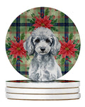 Miniature Silver Poodle Christmas PoinsettIas Large Sandstone Coasters Pack of 4 Absorbent Round Coasters Decor Gifts for Men or Women, 4 in, Multicolor