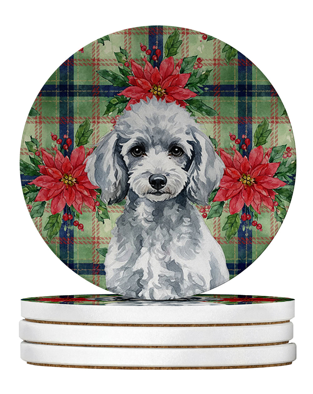 Miniature Silver Poodle Christmas PoinsettIas Large Sandstone Coasters Pack of 4 Absorbent Round Coasters Decor Gifts for Men or Women, 4 in, Multicolor