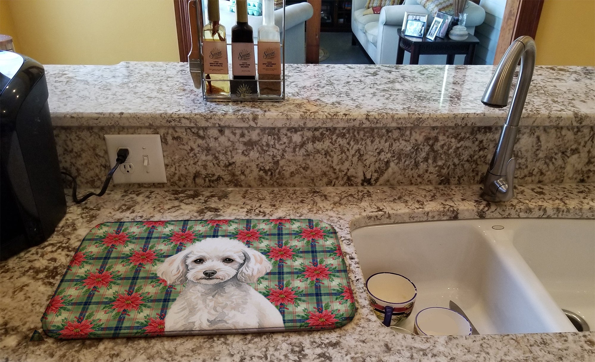 Miniature White Poodle Christmas PoinsettIas Dish Drying Mat Absorbent Dish Drying Mat Pad for Kitchen Counter Dish Drainer Mat for Countertop, 14 x 21", Multicolor