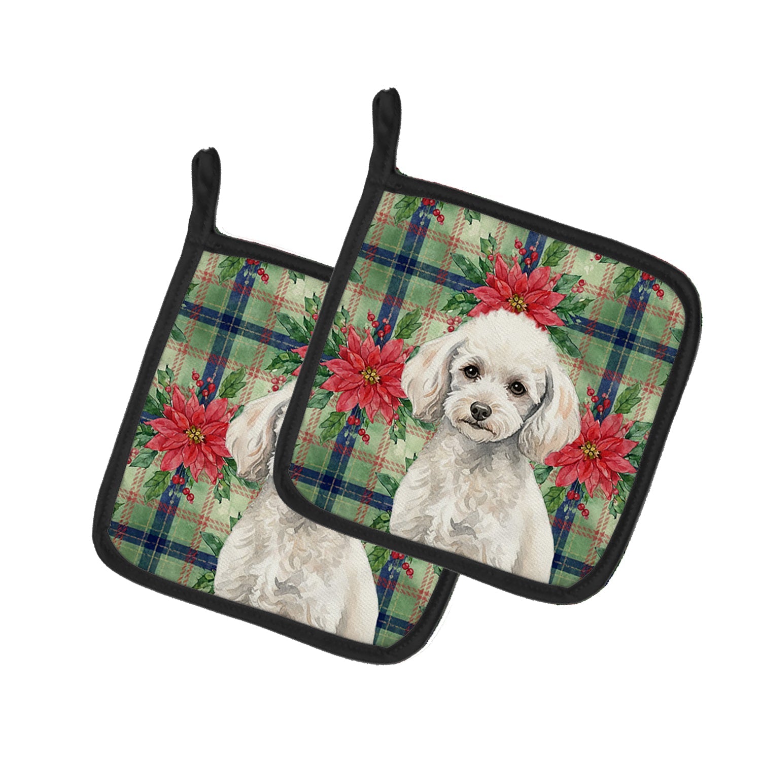 Miniature White Poodle Christmas PoinsettIas Pot Holder Set of 2 Heat Resistant Quilted Hot Pads 7.5 x 7.5 Inch, Insulated Kitchen Trivets for Cooking & Baking