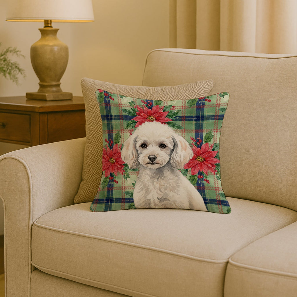 Miniature White Poodle Christmas PoinsettIas Decorative Throw Pillow 18x18 Indoor Outdoor Accent Cushion, Fabric Cover with Insert for Sofa, Bed, Porch & Living Room