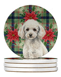 Miniature White Poodle Christmas PoinsettIas Large Sandstone Coasters Pack of 4 Absorbent Round Coasters Decor Gifts for Men or Women, 4 in, Multicolor