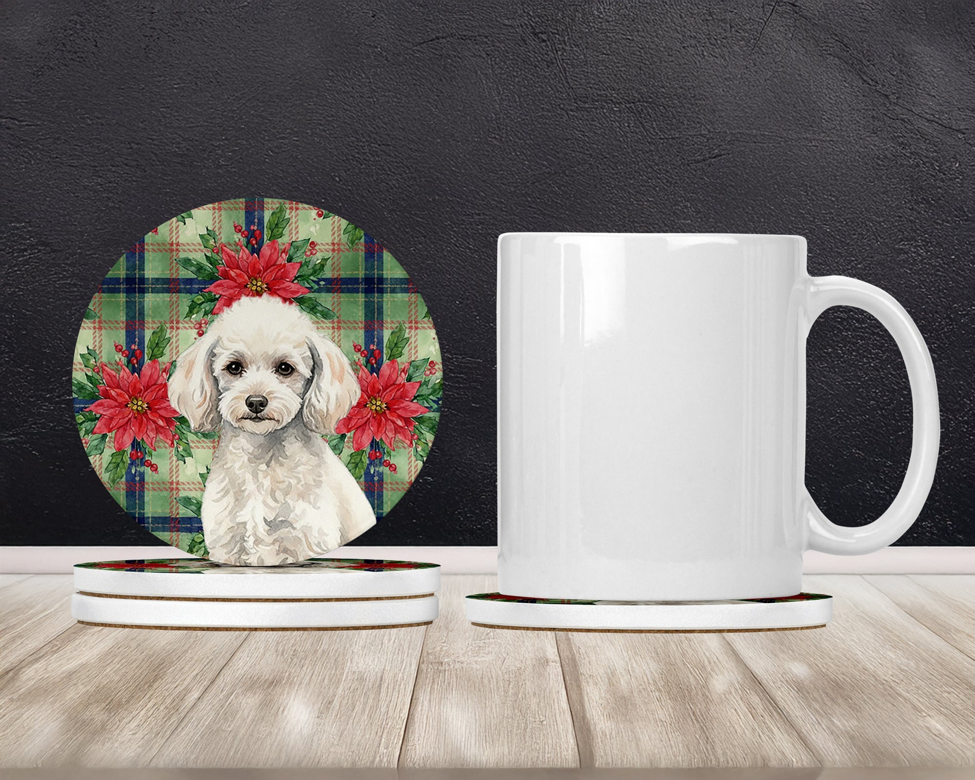 Miniature White Poodle Christmas PoinsettIas Large Sandstone Coasters Pack of 4 Absorbent Round Coasters Decor Gifts for Men or Women, 4 in, Multicolor