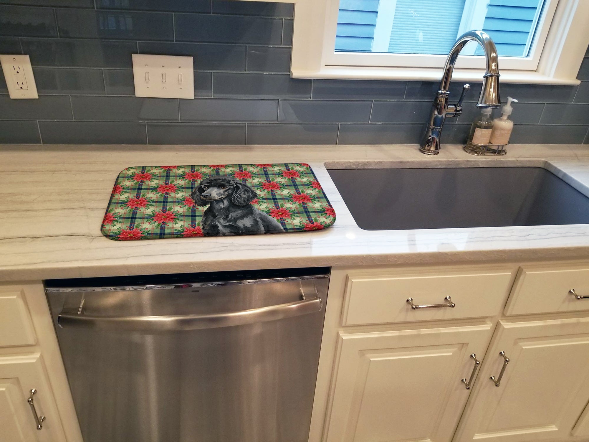 Standard Black Poodle Christmas PoinsettIas Dish Drying Mat Absorbent Dish Drying Mat Pad for Kitchen Counter Dish Drainer Mat for Countertop, 14 x 21", Multicolor