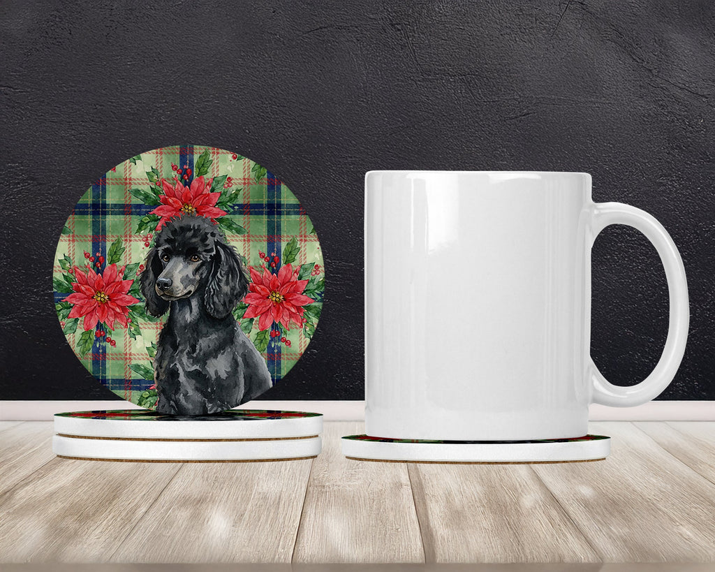 Standard Black Poodle Christmas PoinsettIas Large Sandstone Coasters Pack of 4 Absorbent Round Coasters Decor Gifts for Men or Women, 4 in, Multicolor