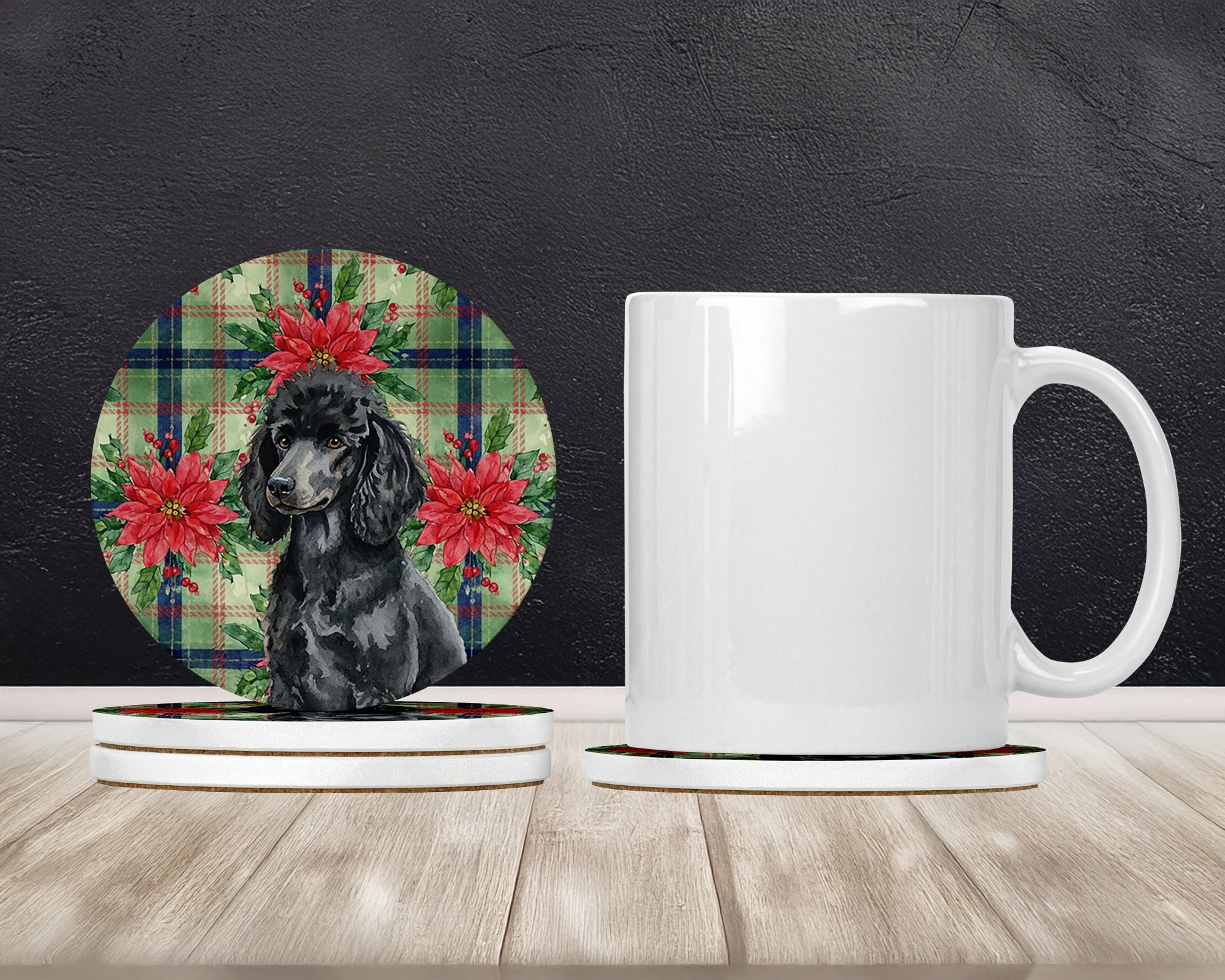 Standard Black Poodle Christmas PoinsettIas Large Sandstone Coasters Pack of 4 Absorbent Round Coasters Decor Gifts for Men or Women, 4 in, Multicolor