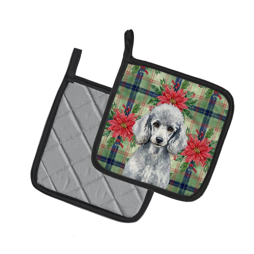Standard Silver Poodle Christmas PoinsettIas Pot Holder Set of 2 Heat Resistant Quilted Hot Pads 7.5 x 7.5 Inch, Insulated Kitchen Trivets for Cooking & Baking