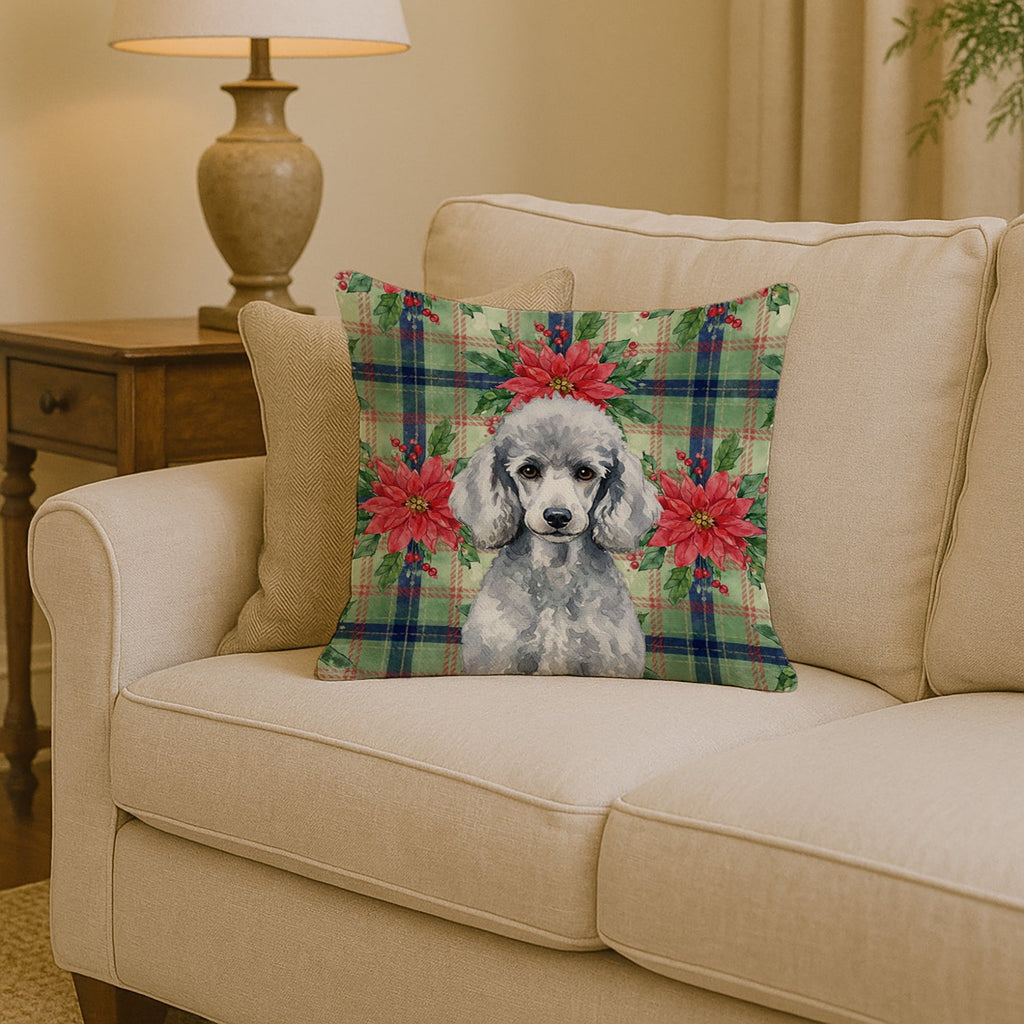 Standard Silver Poodle Christmas PoinsettIas Decorative Throw Pillow 14x14 Indoor Outdoor Accent Cushion, Fabric Cover with Insert for Sofa, Bed, Porch & Living Room