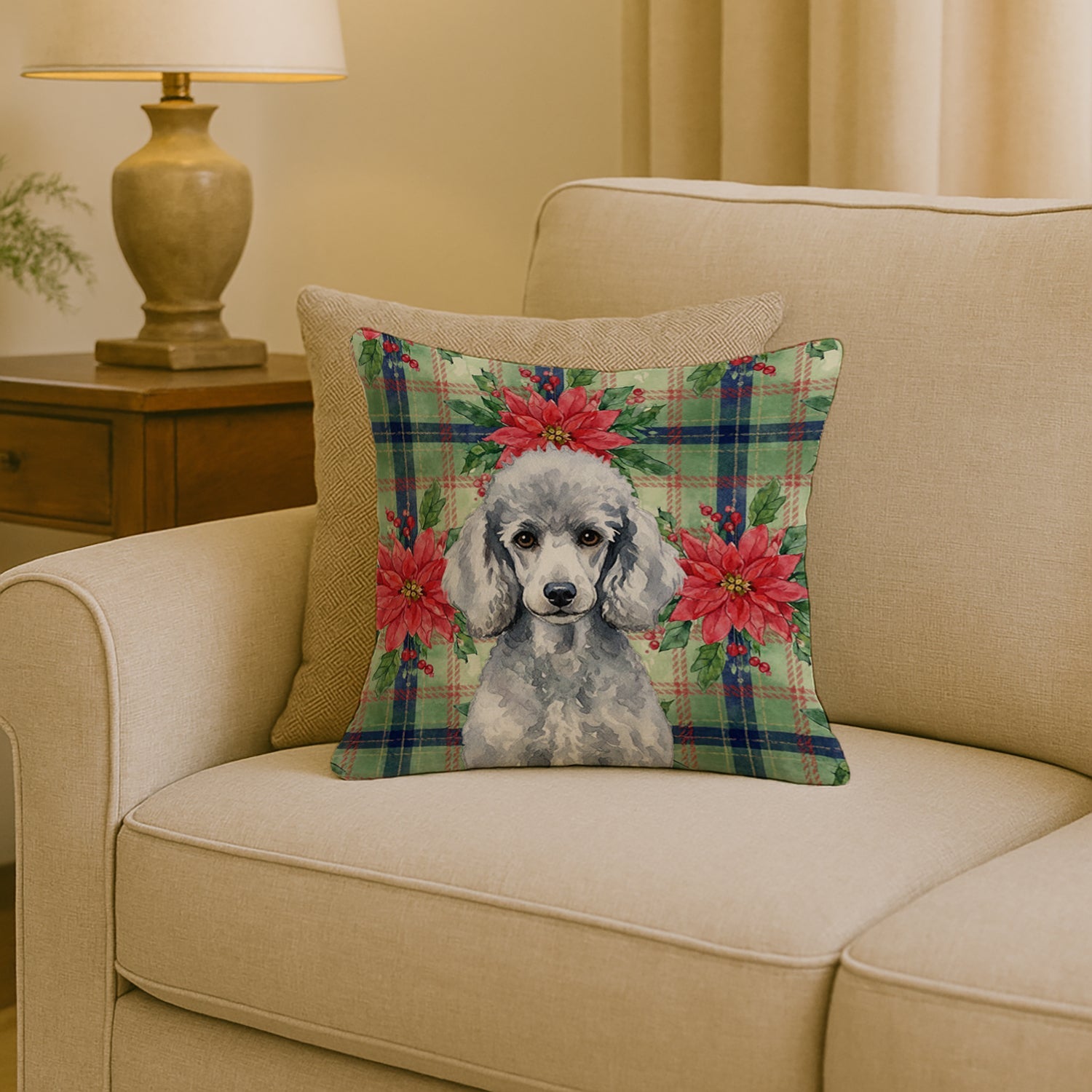 Standard Silver Poodle Christmas PoinsettIas Decorative Throw Pillow 18x18 Indoor Outdoor Accent Cushion, Fabric Cover with Insert for Sofa, Bed, Porch & Living Room