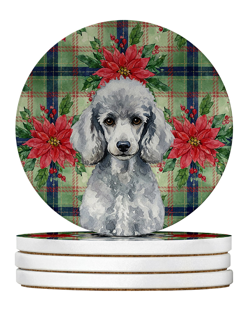 Standard Silver Poodle Christmas PoinsettIas Large Sandstone Coasters Pack of 4 Absorbent Round Coasters Decor Gifts for Men or Women, 4 in, Multicolor