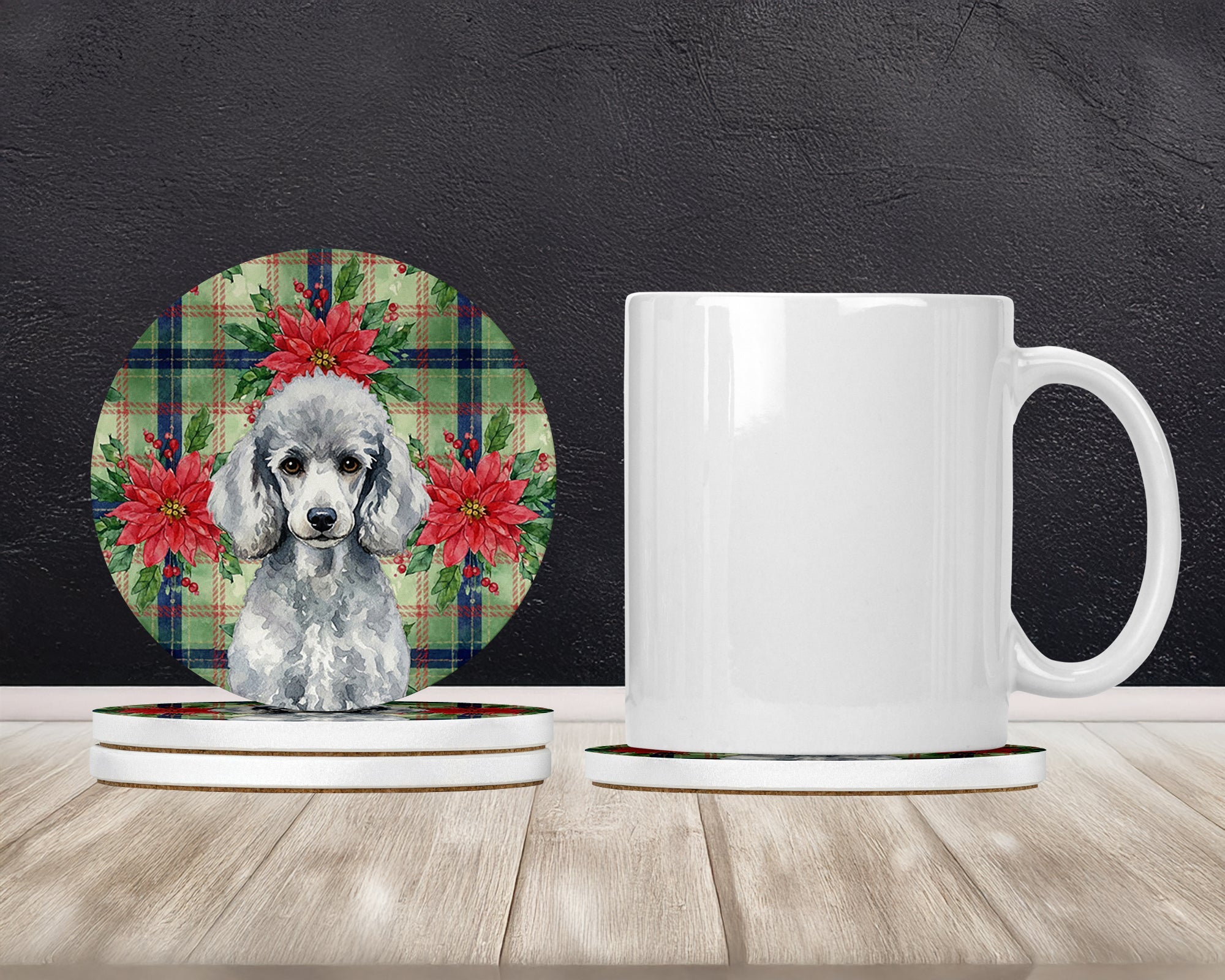 Standard Silver Poodle Christmas PoinsettIas Large Sandstone Coasters Pack of 4 Absorbent Round Coasters Decor Gifts for Men or Women, 4 in, Multicolor