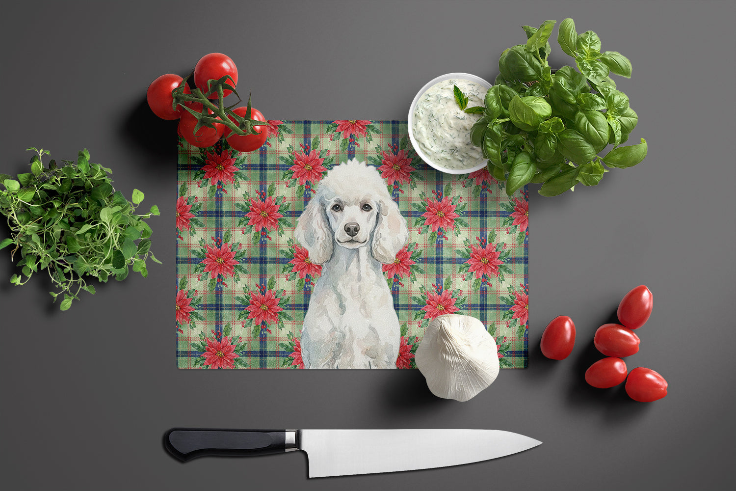 Standard White Poodle Christmas PoinsettIas Cutting Board Tempered Glass Kitchen Cutting Surface, Heat Resistant Chopping, Non-Slip Feet, Food Prep & Serving