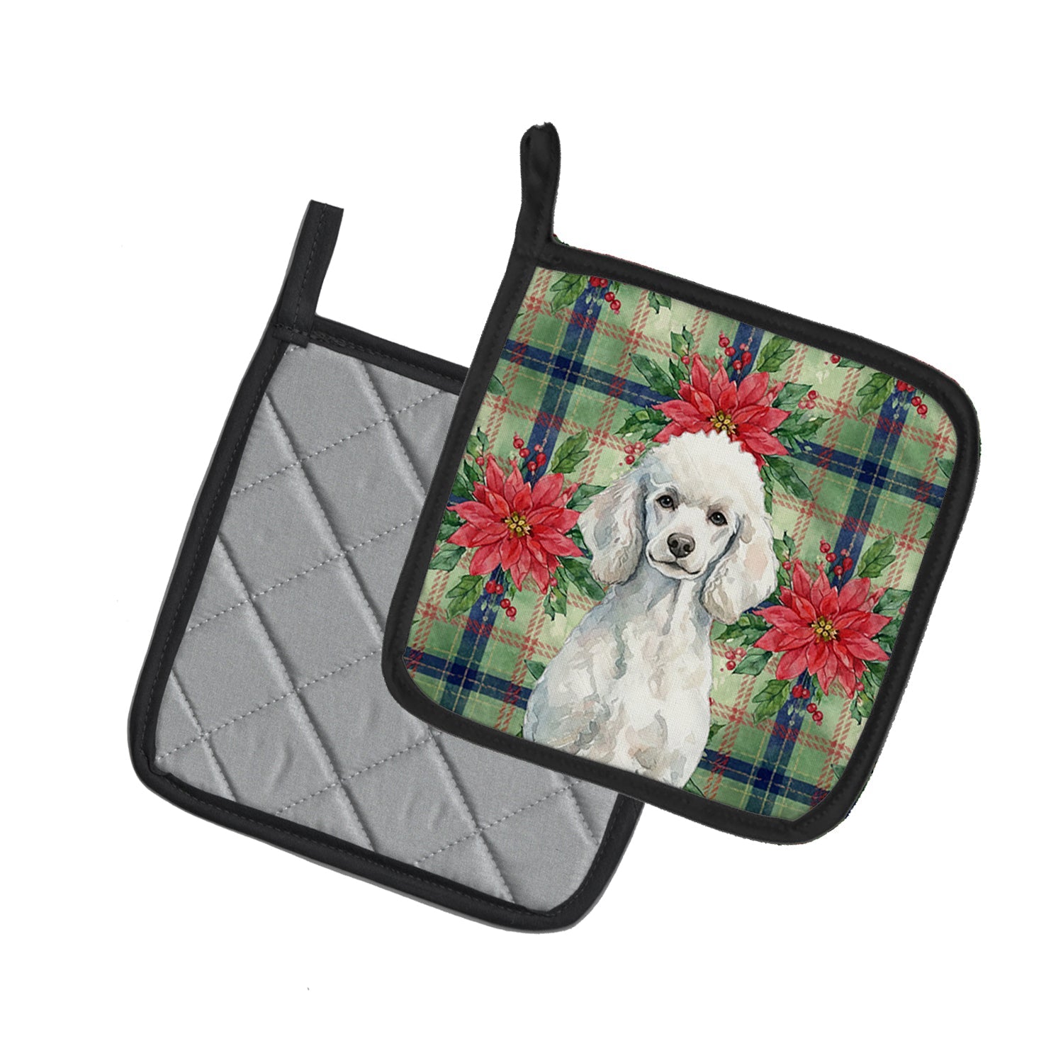 Standard White Poodle Christmas PoinsettIas Pot Holder Set of 2 Heat Resistant Quilted Hot Pads 7.5 x 7.5 Inch, Insulated Kitchen Trivets for Cooking & Baking