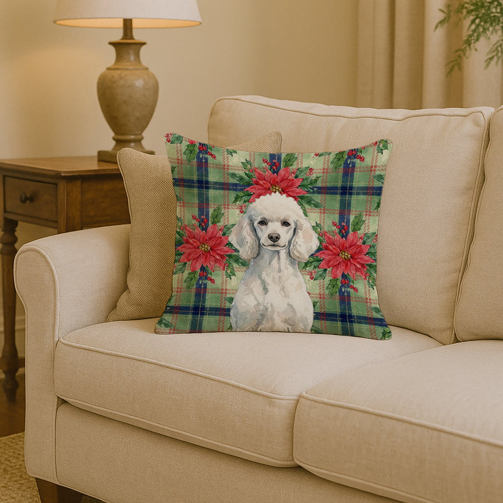 Standard White Poodle Christmas PoinsettIas Decorative Throw Pillow 14x14 Indoor Outdoor Accent Cushion, Fabric Cover with Insert for Sofa, Bed, Porch & Living Room