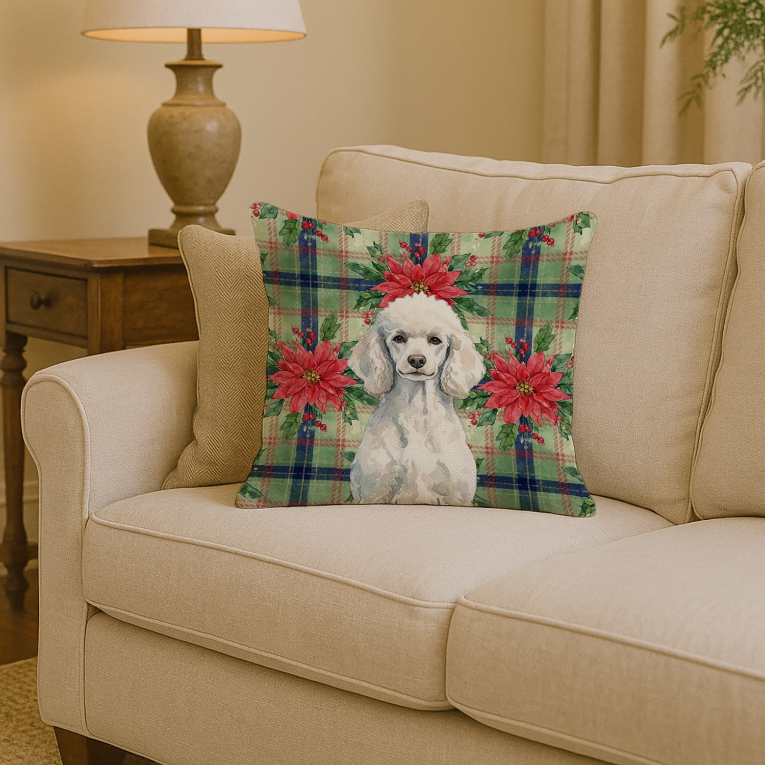 Standard White Poodle Christmas PoinsettIas Decorative Throw Pillow 14x14 Indoor Outdoor Accent Cushion, Fabric Cover with Insert for Sofa, Bed, Porch & Living Room