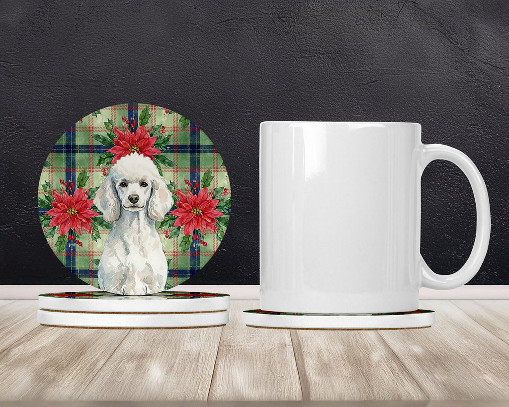 Standard White Poodle Christmas PoinsettIas Large Sandstone Coasters Pack of 4 Absorbent Round Coasters Decor Gifts for Men or Women, 4 in, Multicolor