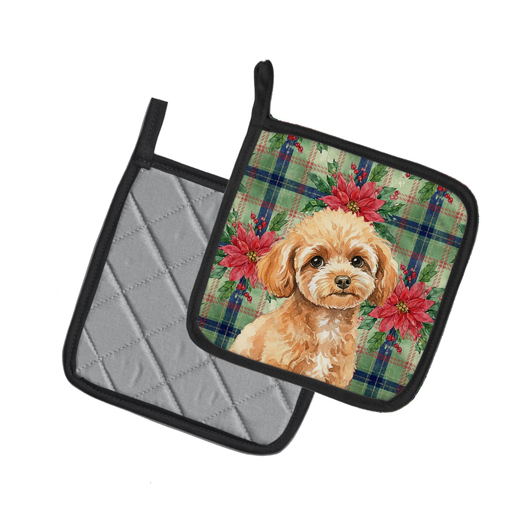 Toy Apricot Poodle Christmas PoinsettIas Pot Holder Set of 2 Heat Resistant Quilted Hot Pads 7.5 x 7.5 Inch, Insulated Kitchen Trivets for Cooking & Baking