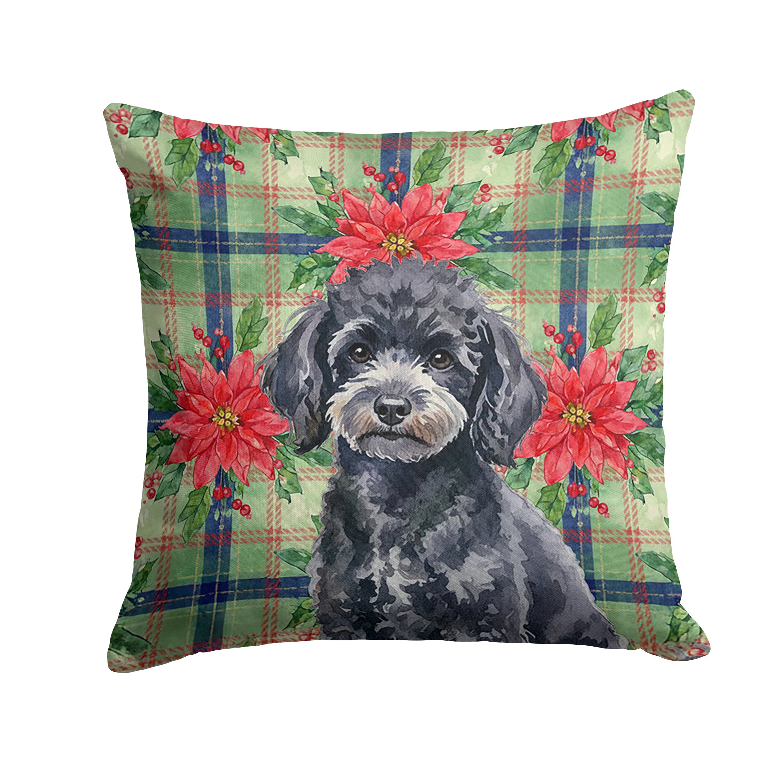 Toy Black Poodle Christmas PoinsettIas Decorative Throw Pillow 18x18 Indoor Outdoor Accent Cushion, Fabric Cover with Insert for Sofa, Bed, Porch & Living Room
