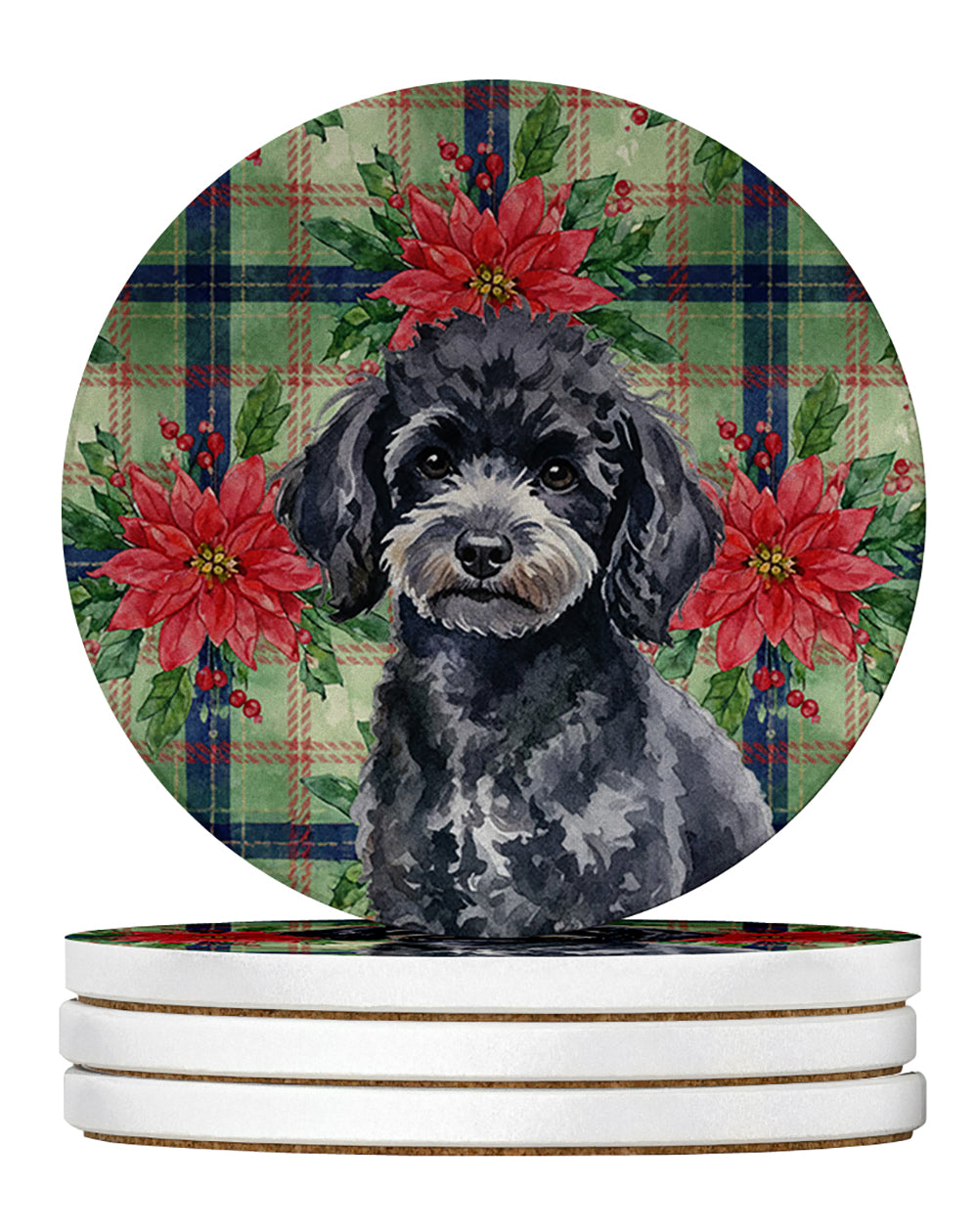Toy Black Poodle Christmas PoinsettIas Large Sandstone Coasters Pack of 4 Absorbent Round Coasters Decor Gifts for Men or Women, 4 in, Multicolor