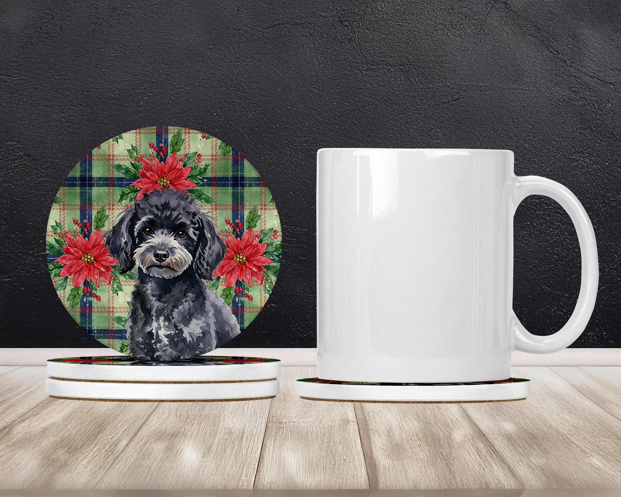 Toy Black Poodle Christmas PoinsettIas Large Sandstone Coasters Pack of 4 Absorbent Round Coasters Decor Gifts for Men or Women, 4 in, Multicolor