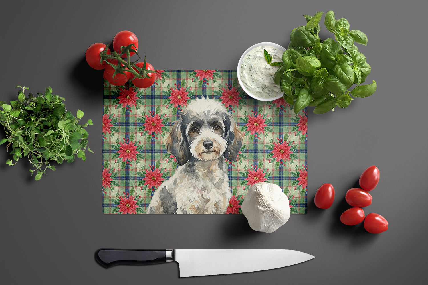 Toy Parti Poodle Christmas PoinsettIas Cutting Board Tempered Glass Kitchen Cutting Surface, Heat Resistant Chopping, Non-Slip Feet, Food Prep & Serving