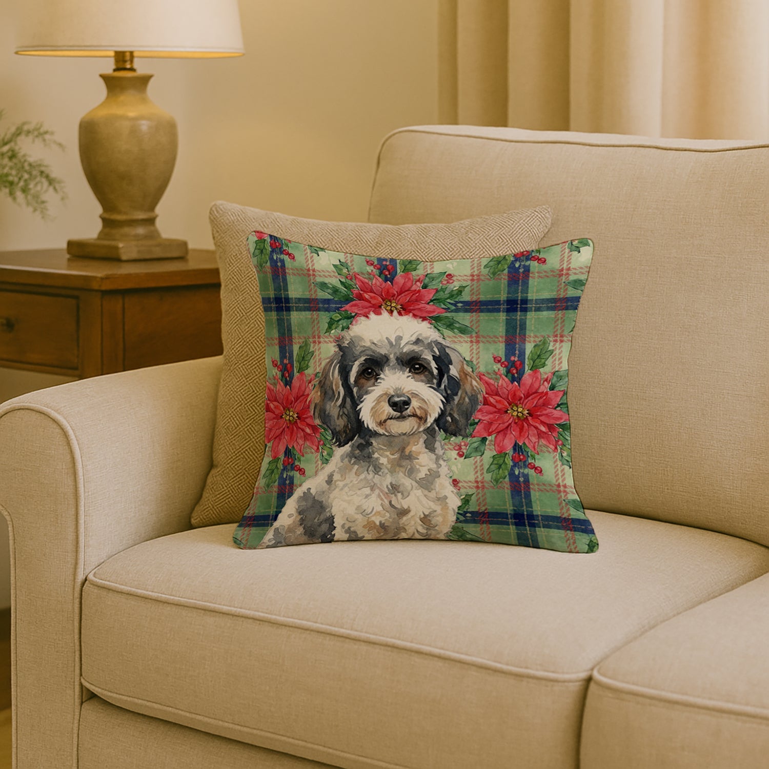 Toy Parti Poodle Christmas PoinsettIas Decorative Throw Pillow 18x18 Indoor Outdoor Accent Cushion, Fabric Cover with Insert for Sofa, Bed, Porch & Living Room