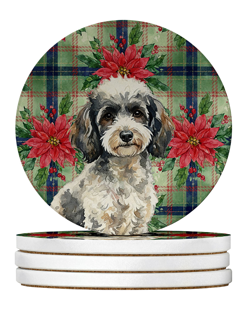 Toy Parti Poodle Christmas PoinsettIas Large Sandstone Coasters Pack of 4 Absorbent Round Coasters Decor Gifts for Men or Women, 4 in, Multicolor