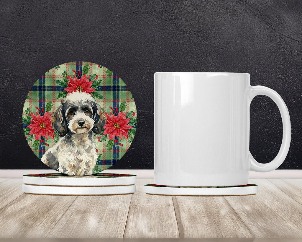Toy Parti Poodle Christmas PoinsettIas Large Sandstone Coasters Pack of 4 Absorbent Round Coasters Decor Gifts for Men or Women, 4 in, Multicolor