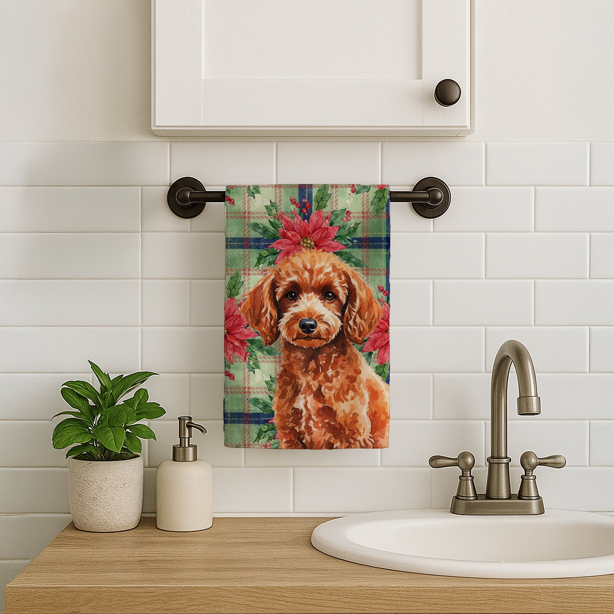 Toy Red Poodle Christmas PoinsettIas Kitchen Towel Velour Plush Front and Cotton Loop Back Machine Washable