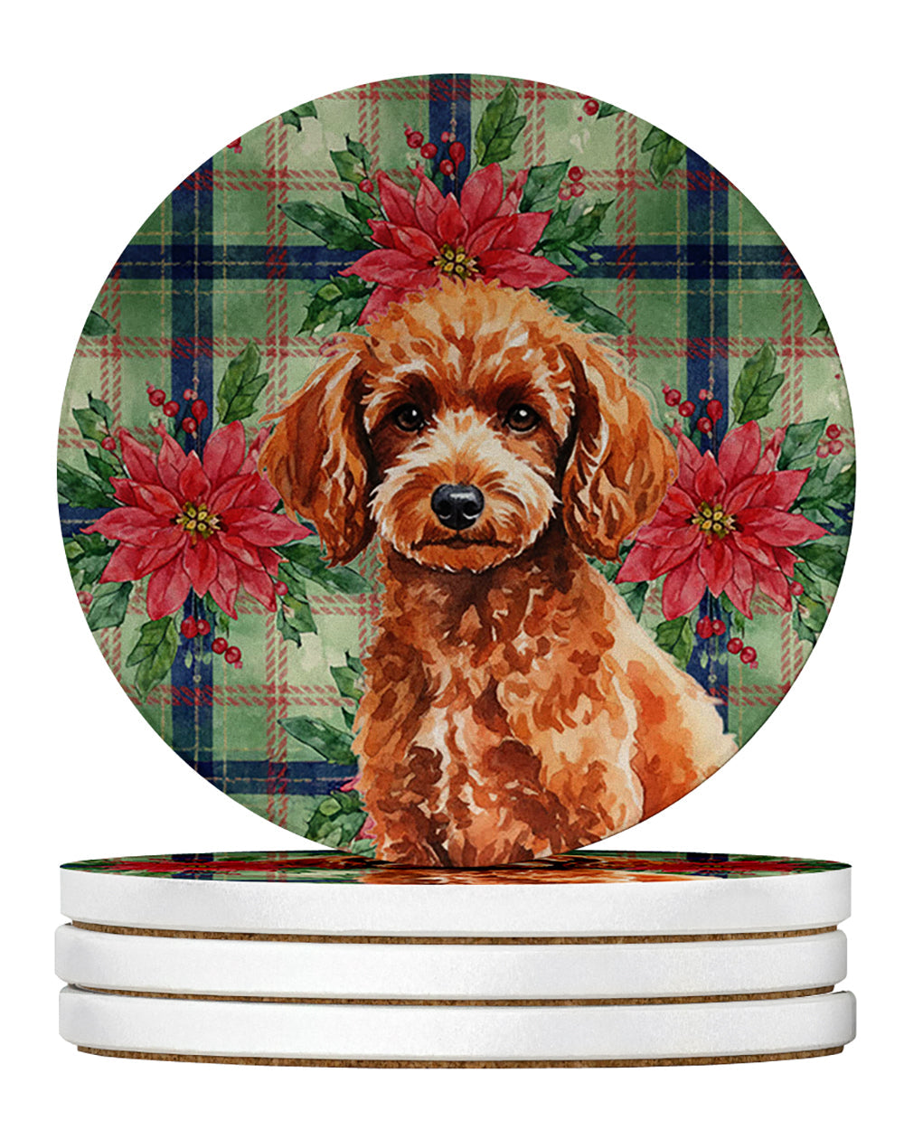 Toy Red Poodle Christmas PoinsettIas Large Sandstone Coasters Pack of 4 Absorbent Round Coasters Decor Gifts for Men or Women, 4 in, Multicolor