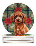 Toy Red Poodle Christmas PoinsettIas Large Sandstone Coasters Pack of 4 Absorbent Round Coasters Decor Gifts for Men or Women, 4 in, Multicolor