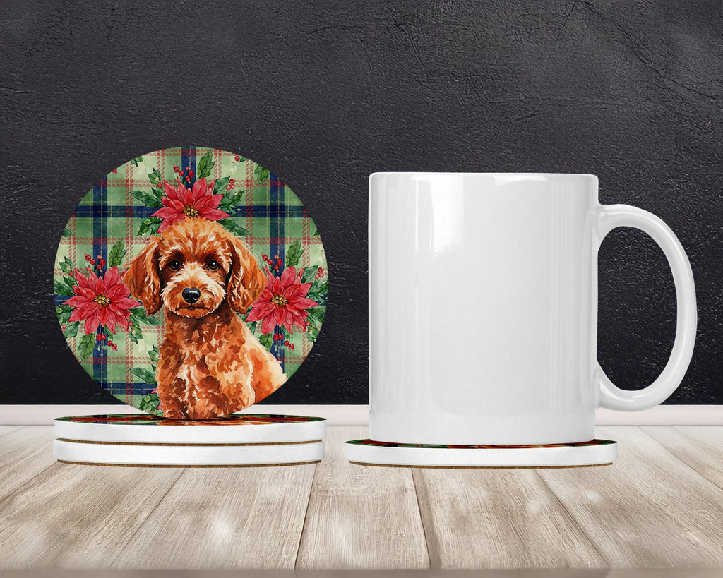 Toy Red Poodle Christmas PoinsettIas Large Sandstone Coasters Pack of 4 Absorbent Round Coasters Decor Gifts for Men or Women, 4 in, Multicolor