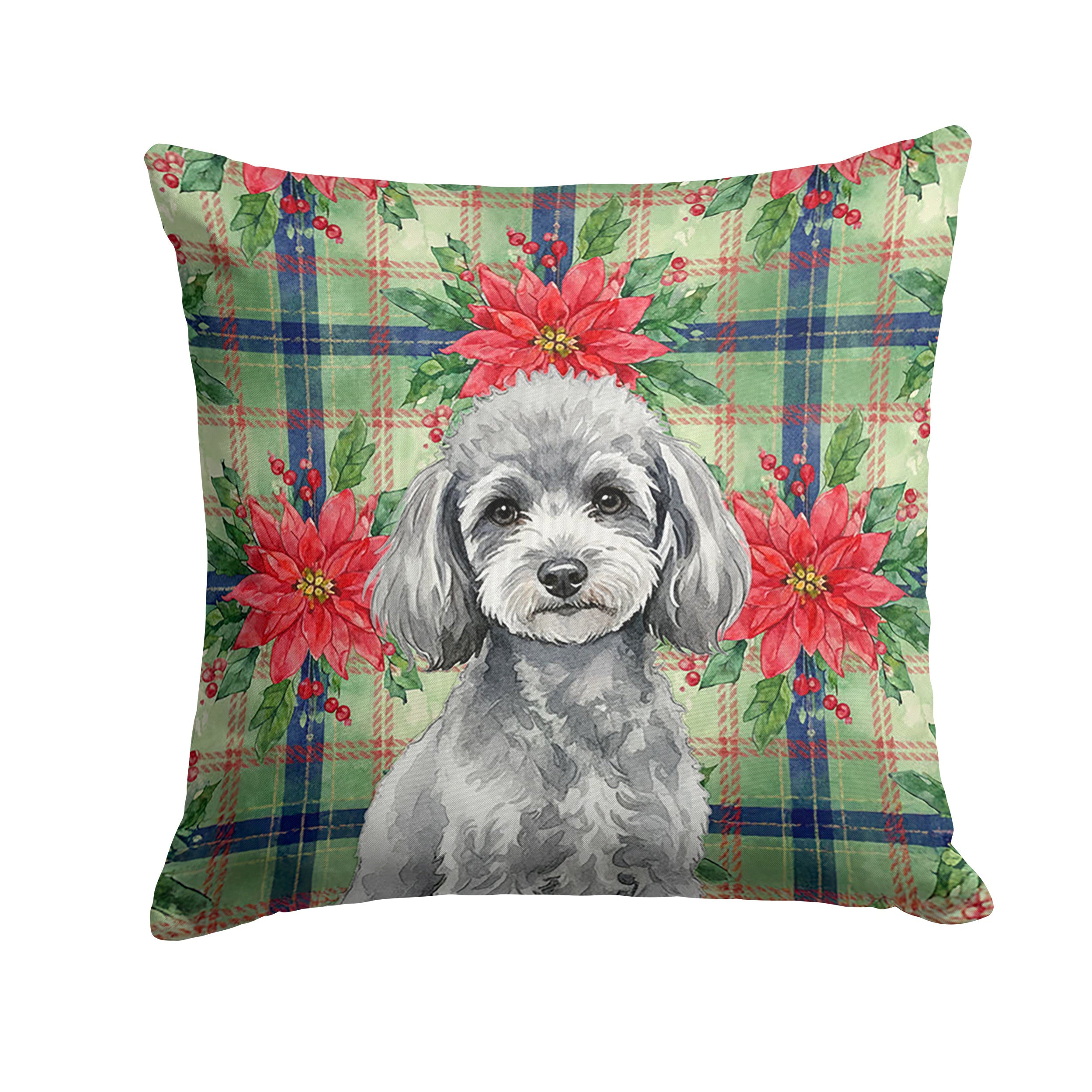 Toy Silver Poodle Christmas PoinsettIas Decorative Throw Pillow 14x14 Indoor Outdoor Accent Cushion, Fabric Cover with Insert for Sofa, Bed, Porch & Living Room
