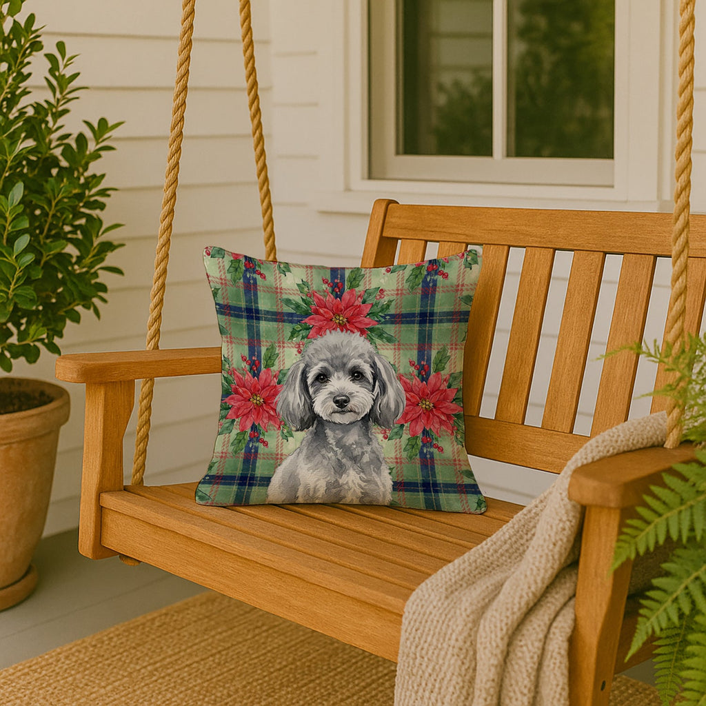 Toy Silver Poodle Christmas PoinsettIas Decorative Throw Pillow 18x18 Indoor Outdoor Accent Cushion, Fabric Cover with Insert for Sofa, Bed, Porch & Living Room