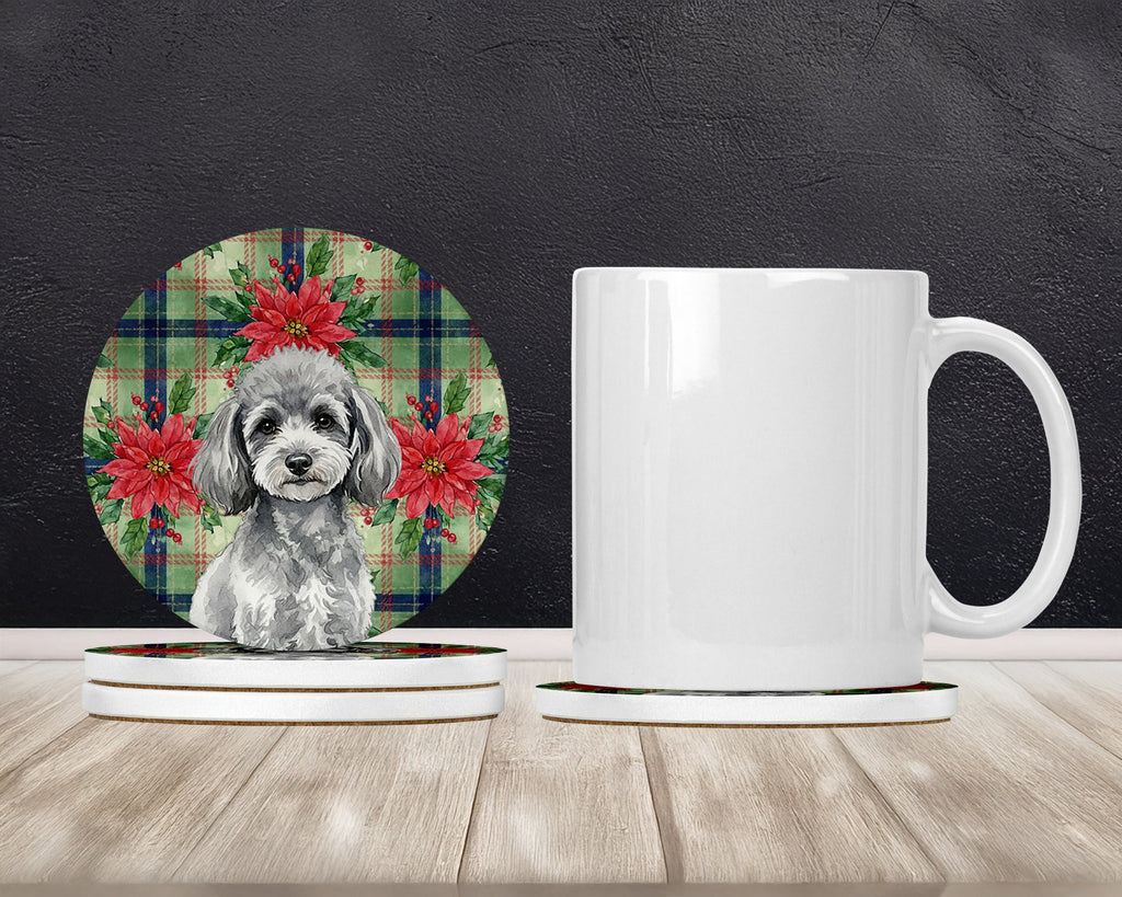 Toy Silver Poodle Christmas PoinsettIas Large Sandstone Coasters Pack of 4 Absorbent Round Coasters Decor Gifts for Men or Women, 4 in, Multicolor