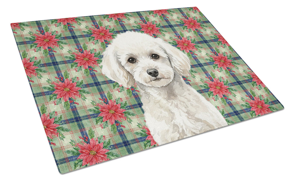 Toy White Poodle Christmas PoinsettIas Cutting Board Tempered Glass Kitchen Cutting Surface, Heat Resistant Chopping, Non-Slip Feet, Food Prep & Serving