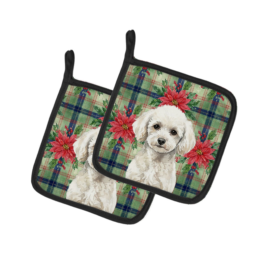 Toy White Poodle Christmas PoinsettIas Pot Holder Set of 2 Heat Resistant Quilted Hot Pads 7.5 x 7.5 Inch, Insulated Kitchen Trivets for Cooking & Baking