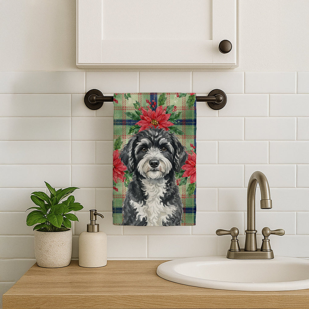 Portuguese Water Dog Christmas PoinsettIas Kitchen Towel Velour Plush Front and Cotton Loop Back Machine Washable