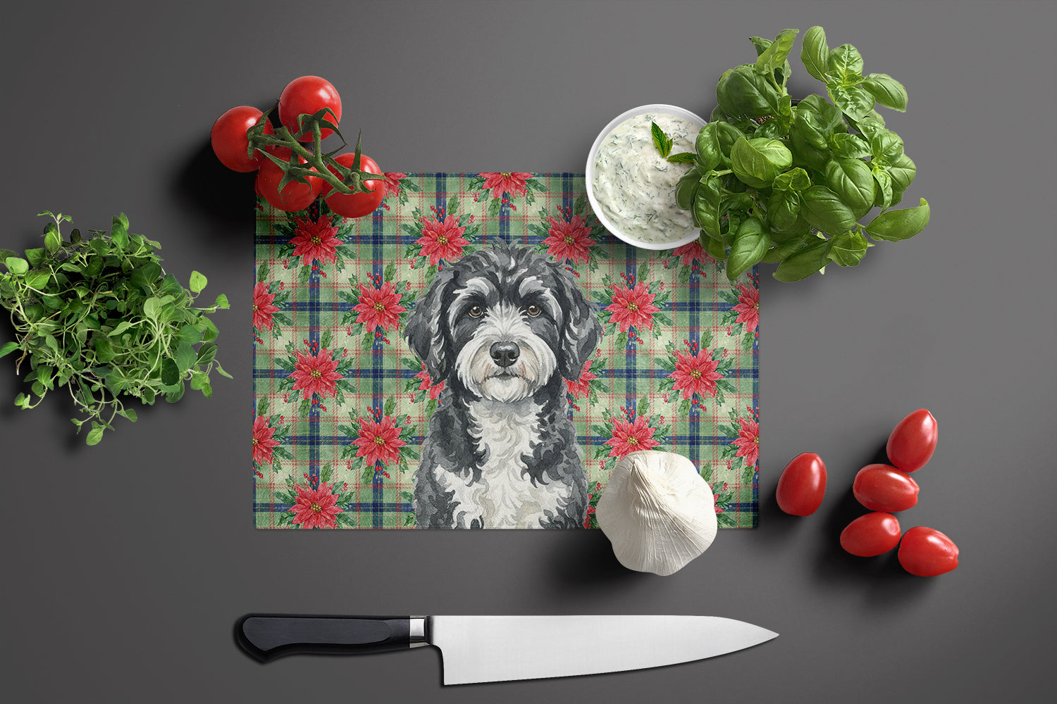 Portuguese Water Dog Christmas PoinsettIas Cutting Board Tempered Glass Kitchen Cutting Surface, Heat Resistant Chopping, Non-Slip Feet, Food Prep & Serving