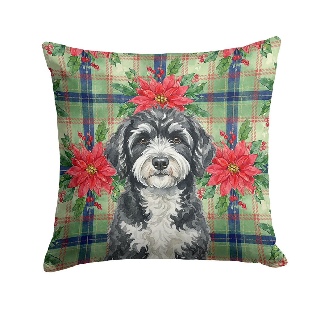 Portuguese Water Dog Christmas PoinsettIas Decorative Throw Pillow 18x18 Indoor Outdoor Accent Cushion, Fabric Cover with Insert for Sofa, Bed, Porch & Living Room